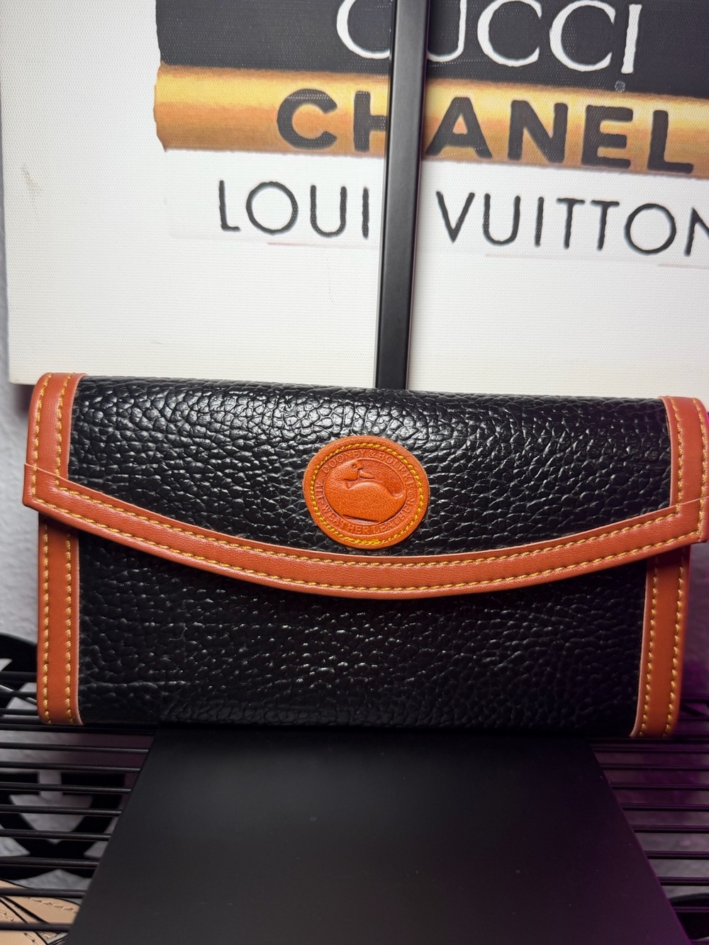 Vintage Dooney & Bourke AWL Black British Tan Continental Wallet - made in USA